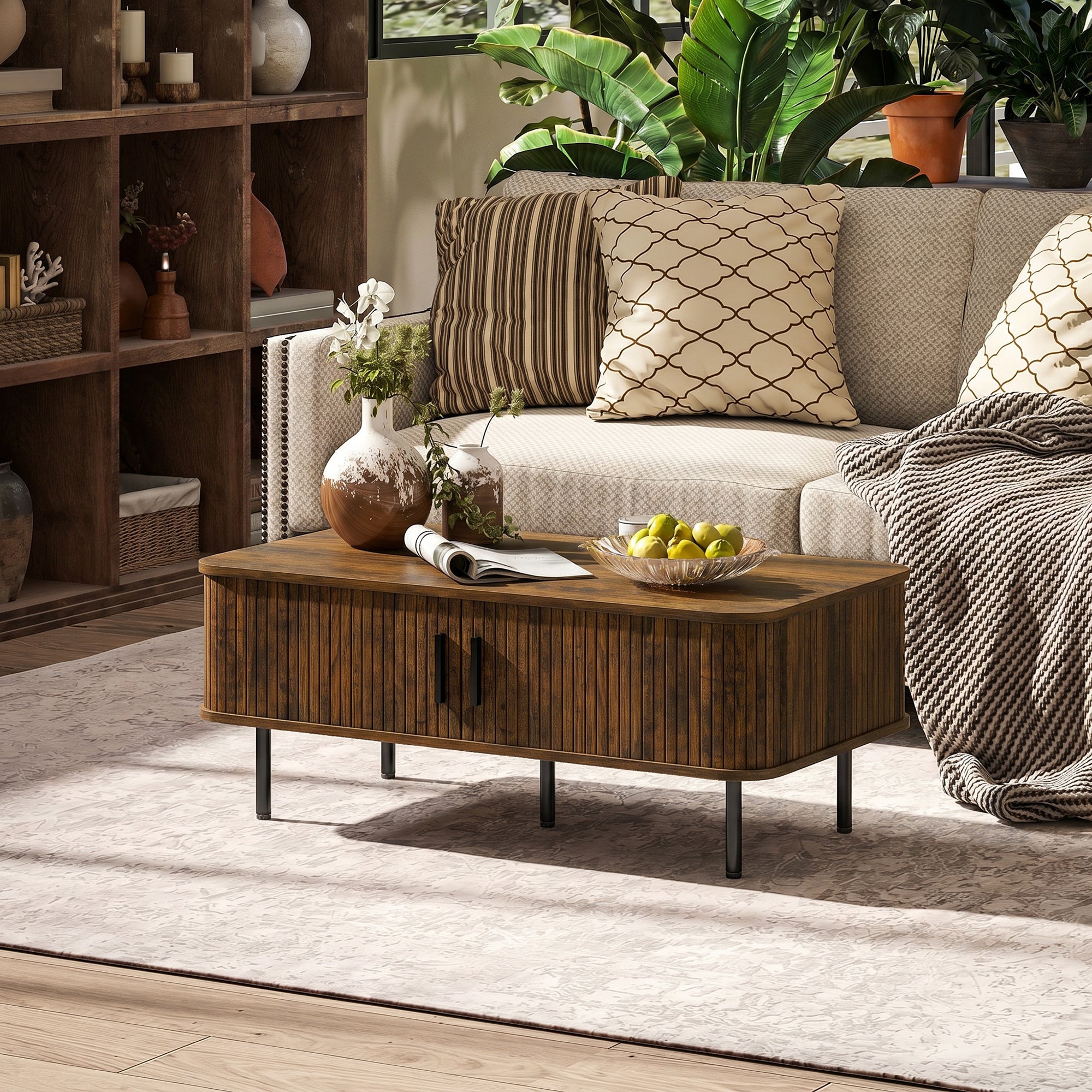 Coffee Table with Storage, Living Room Table with Slatted Tambour Sliding Doors and Adjustable Foot Pads, Rectangular Coffee Table with Elevated Base for Living Room, Rustic Brown