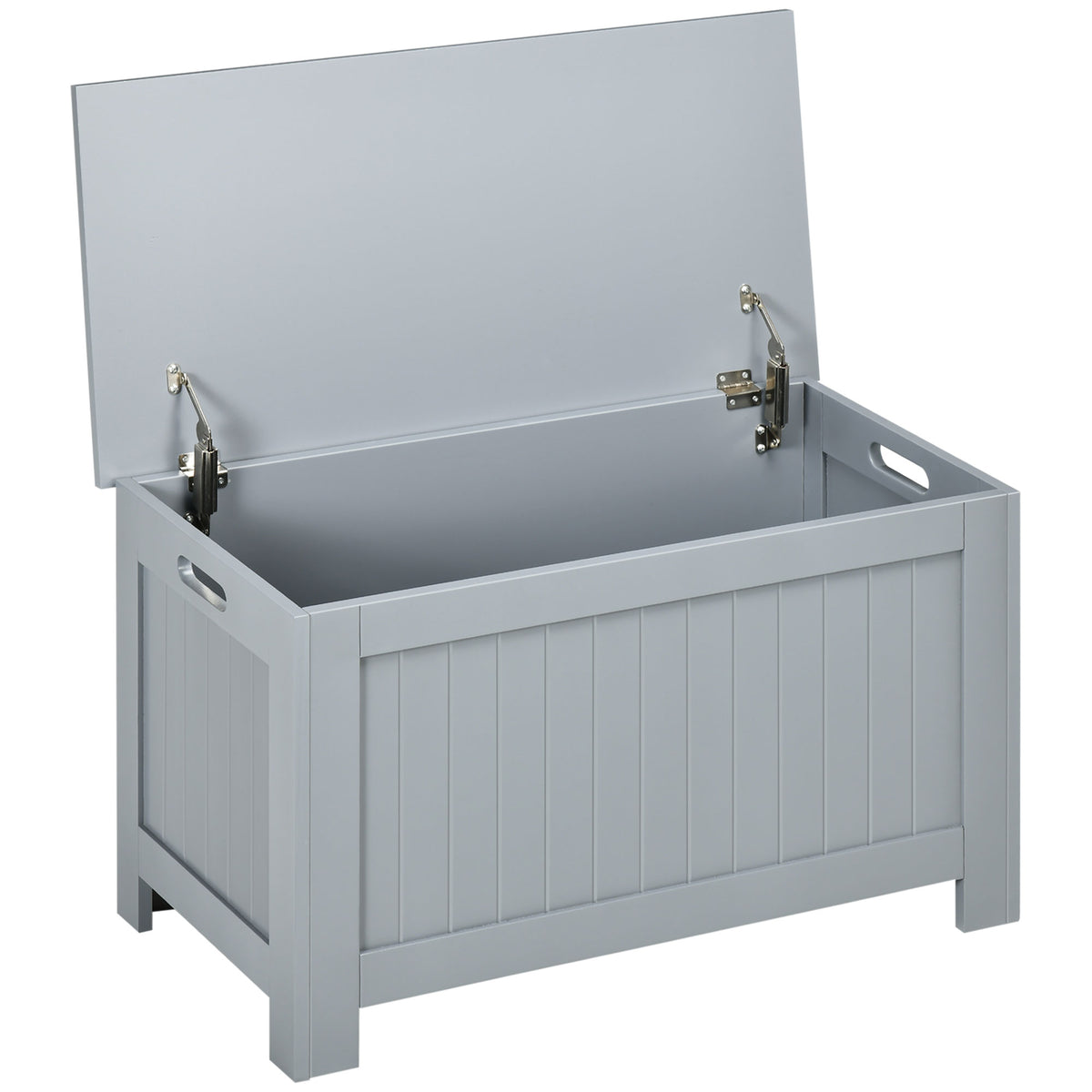 Grey lift-top storage chest with safety hinges and side groove handles