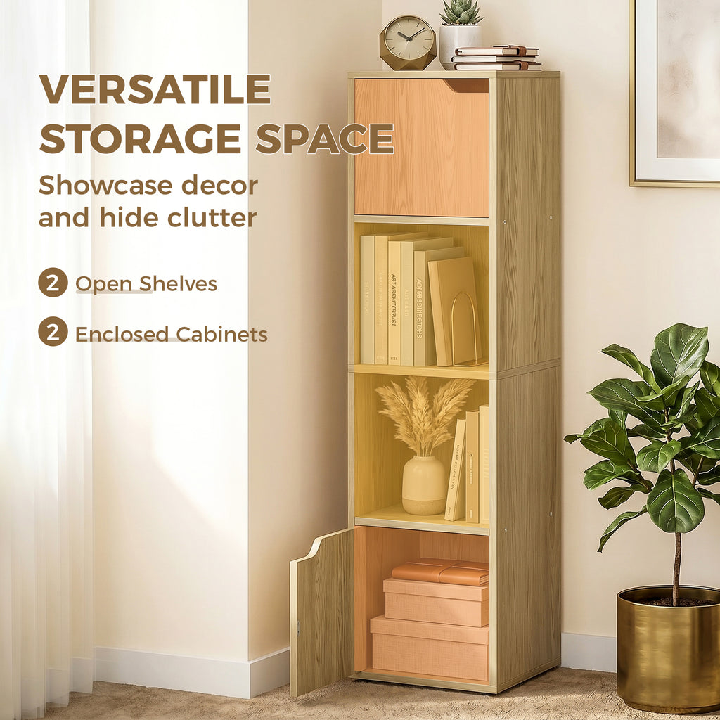 Narrow Bookcase, 4-Tier Bookshelf, Storage Cabinet with doors for Living Room, Bedroom, Oak
