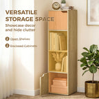Narrow Bookcase, 4-Tier Bookshelf, Storage Cabinet with doors for Living Room, Bedroom, Oak