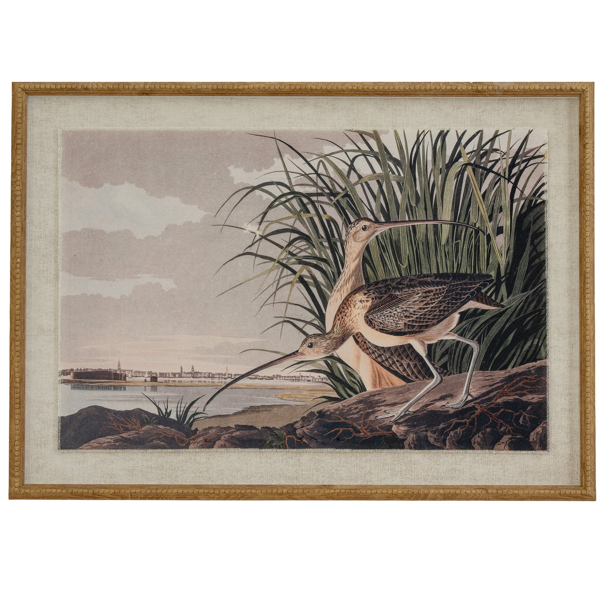 Curlews print on linen in a beaded wood frame, front view