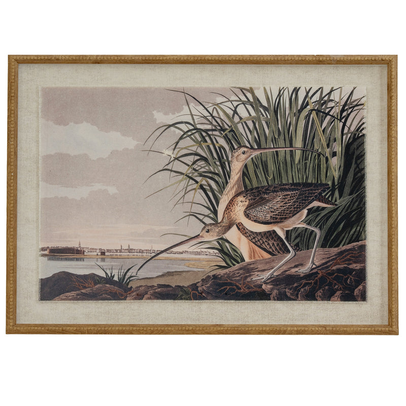 Curlews print on linen in a beaded wood frame, front view
