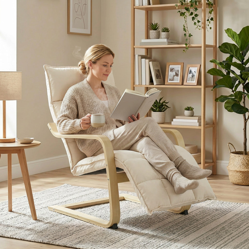 Modern Accent Chair, Leisure Lounge Chair Armchair with Footrest, Plush Cushion, Curved Legs and Arms, Cream White