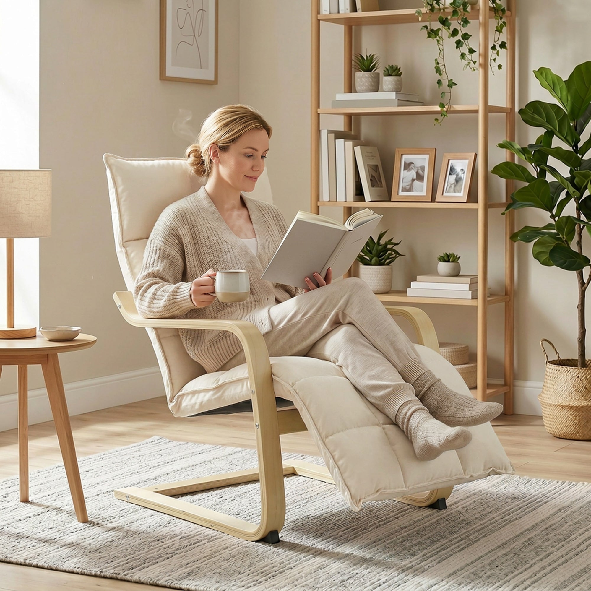 Modern Accent Chair, Leisure Lounge Chair Armchair with Footrest, Plush Cushion, Curved Legs and Arms, Cream White