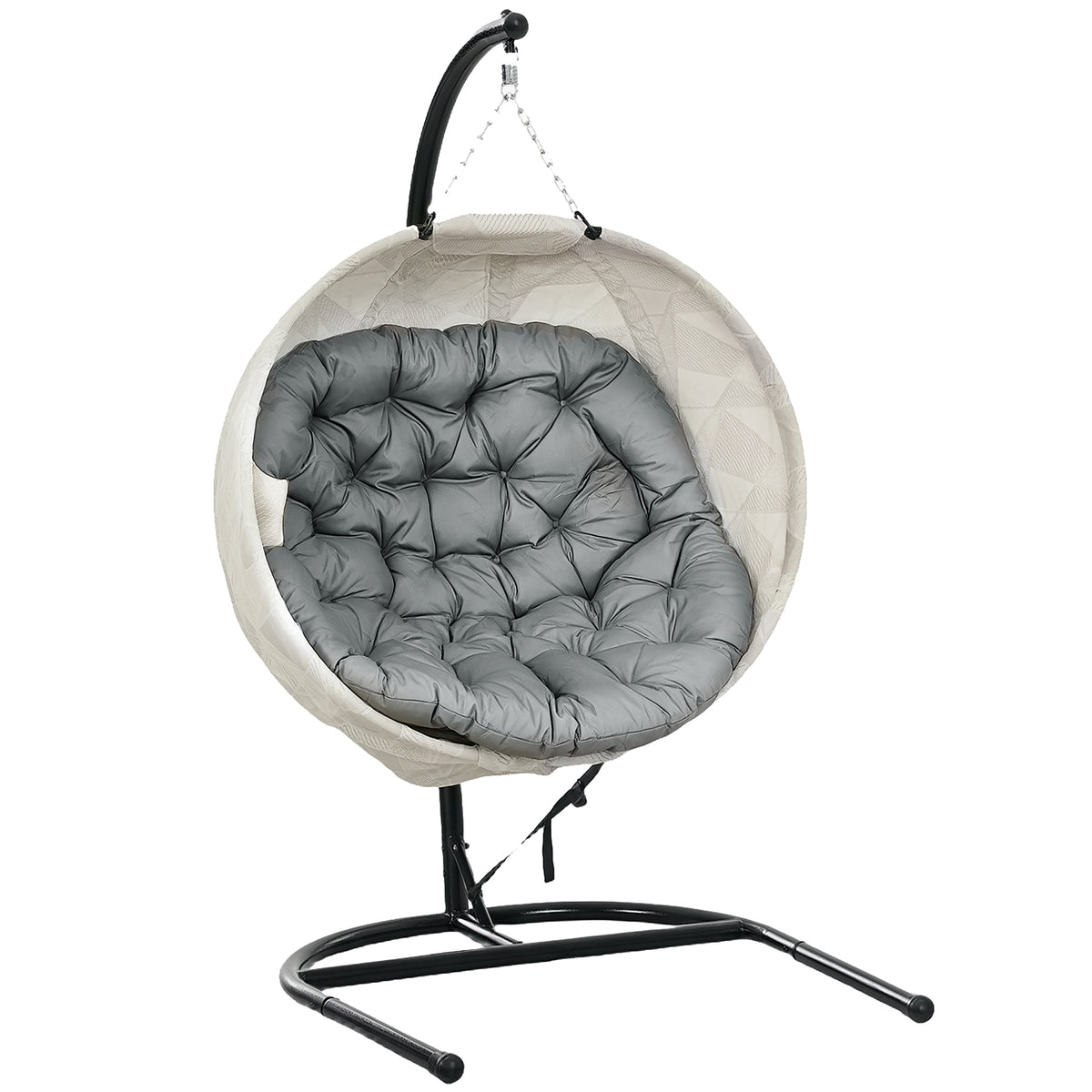 Grey hanging egg chair with geometric-pattern basket, thick cushion and U-base steel stand