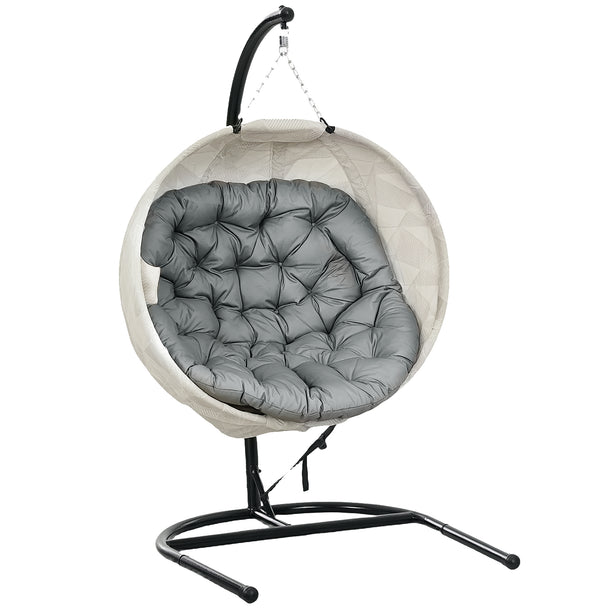 Grey hanging egg chair with geometric-pattern basket, thick cushion and U-base steel stand
