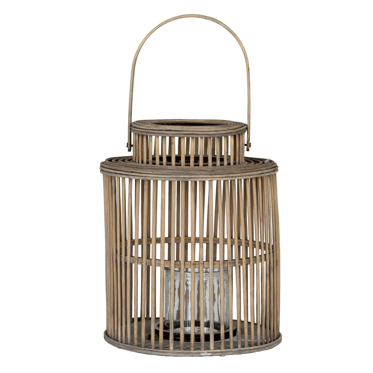 Cylinder wicker lantern with handle on white