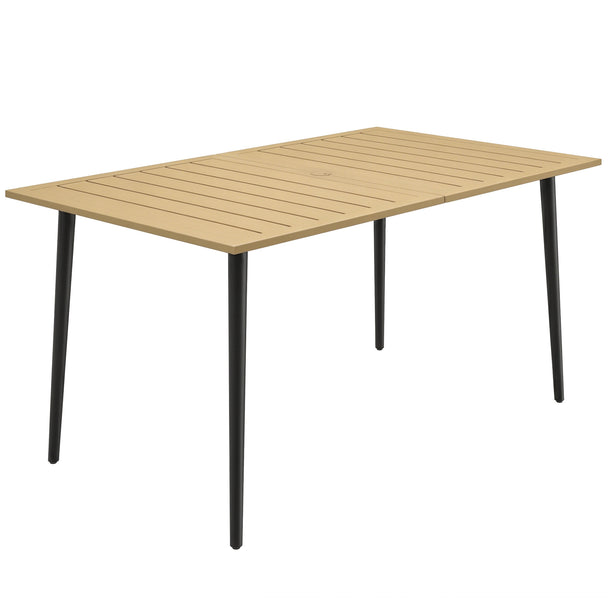 Brown 150 x 90 cm rectangular slatted steel garden table with parasol hole
