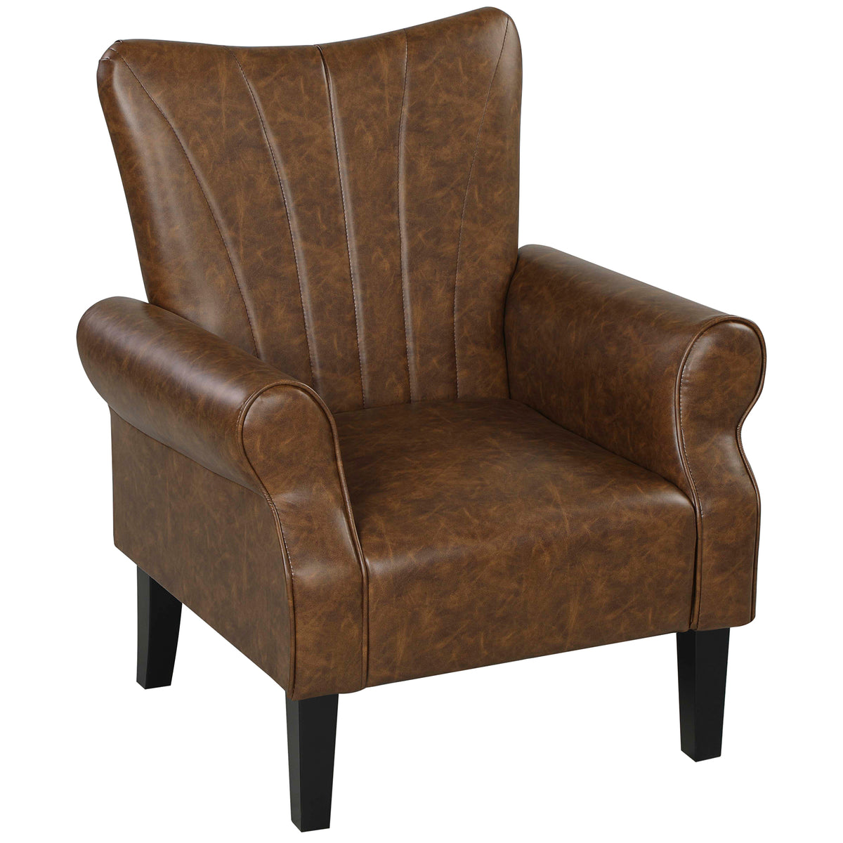 Faux Leather Wingback Accent Chair with Rolled Arms – Brown