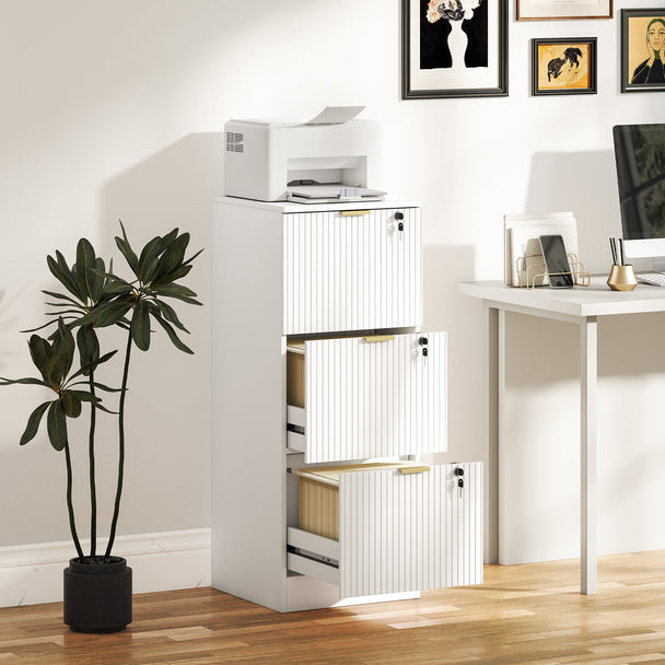 HOMCOM Filing Cabinet, Fluted Vertical File Cabinet with 3 Lockable Drawers and Hanging Rails, White – view 2