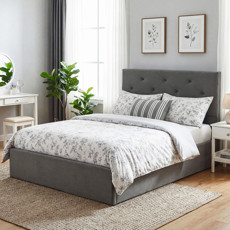 Dark grey tufted king ottoman bed – image 8