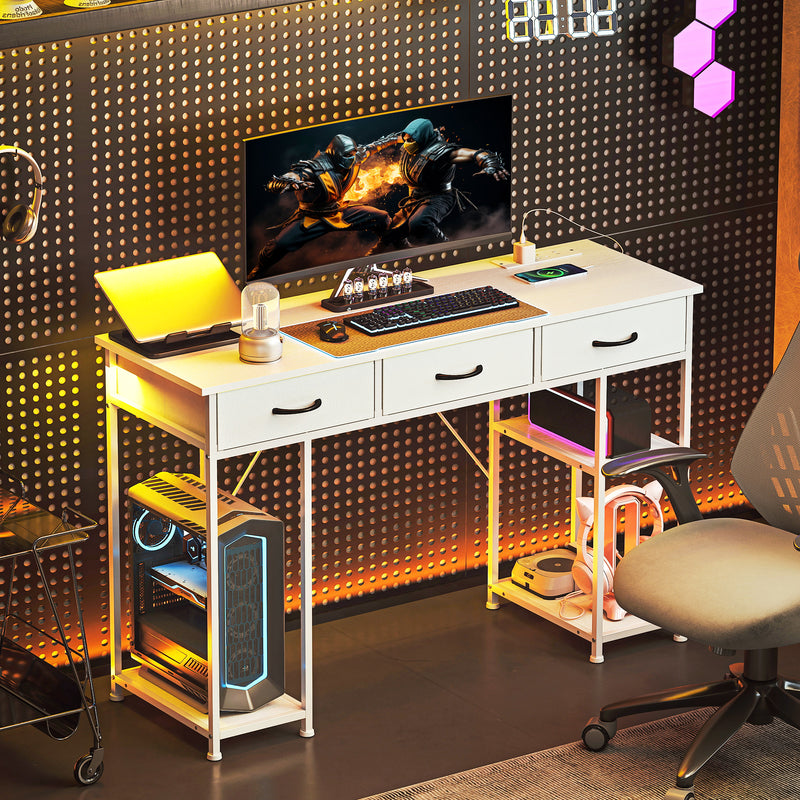 HOMCOM 120cm Computer Desk with Power Outlets, Office Desk Study Table with 3 Fabric Drawers and 4 Storage Shelves – view 9