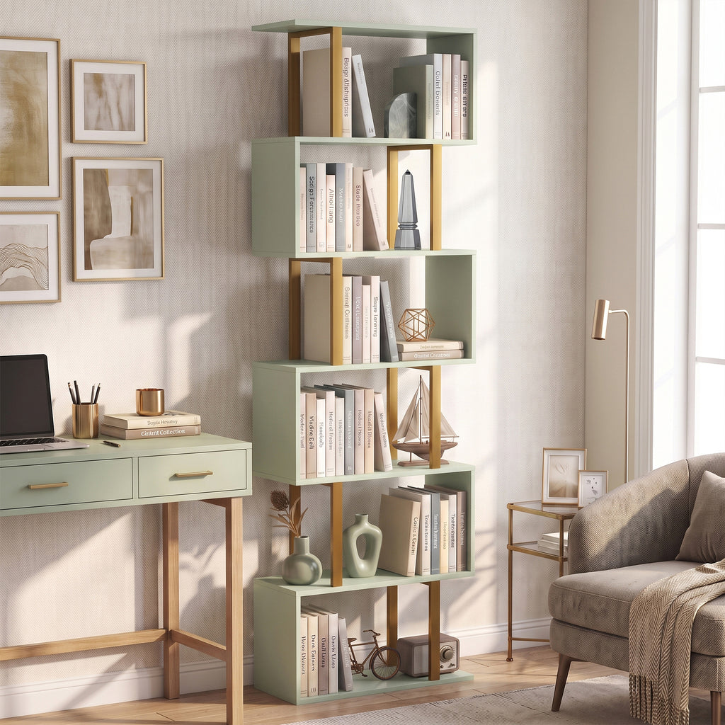 S-Shaped Bookshelf, 6-Tier Bookcase, Freestanding Storage Shelves with Anti-Tip Strap, Light Green