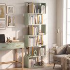 S-Shaped Bookshelf, 6-Tier Bookcase, Freestanding Storage Shelves with Anti-Tip Strap, Light Green