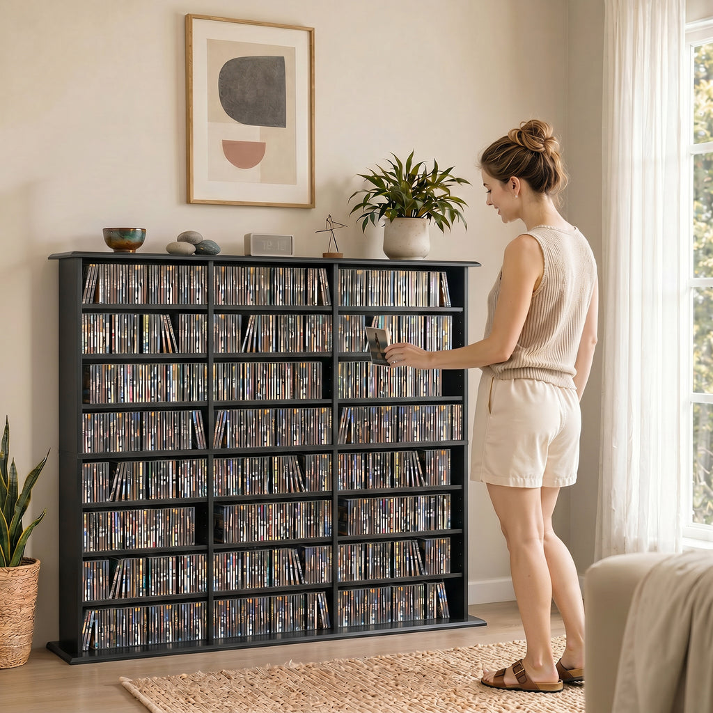 1032 CD/594 DVD Storage Unit, Blu-ray Media Storage Shelf with 24 Compartments and 18 Adjustable Shelves, Black