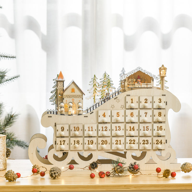 Wooden Sleigh Advent Calendar on a decorated mantel