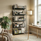 Bookshelf 5-Tier Metal Frame Bookcase Storage Shelves for Living Room Black