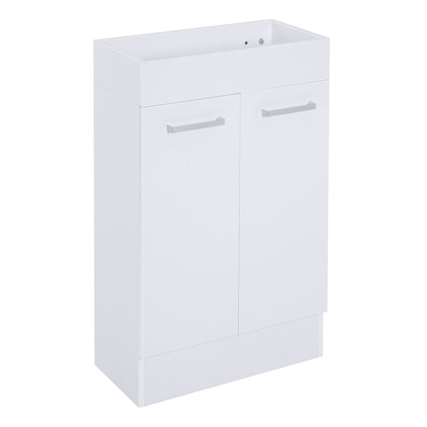 White compact under-sink vanity unit with ceramic basin and two soft-close doors