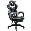 Black and white faux leather racing gaming chair with headrest, lumbar pillow and extended footrest