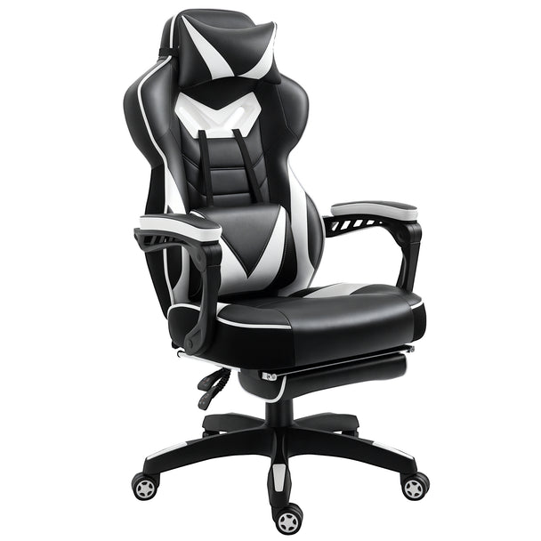 Black and white faux leather racing gaming chair with headrest, lumbar pillow and extended footrest