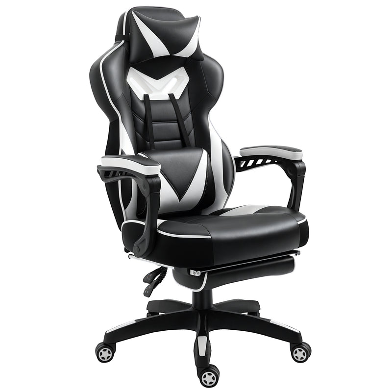 Black and white faux leather racing gaming chair with headrest, lumbar pillow and extended footrest