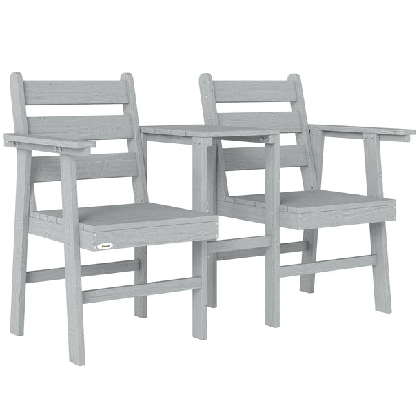 Outsunny Outdoor Garden Loveseat, Embossed Wooden Jack and Jill Garden Seat with Integrated Table, Grey