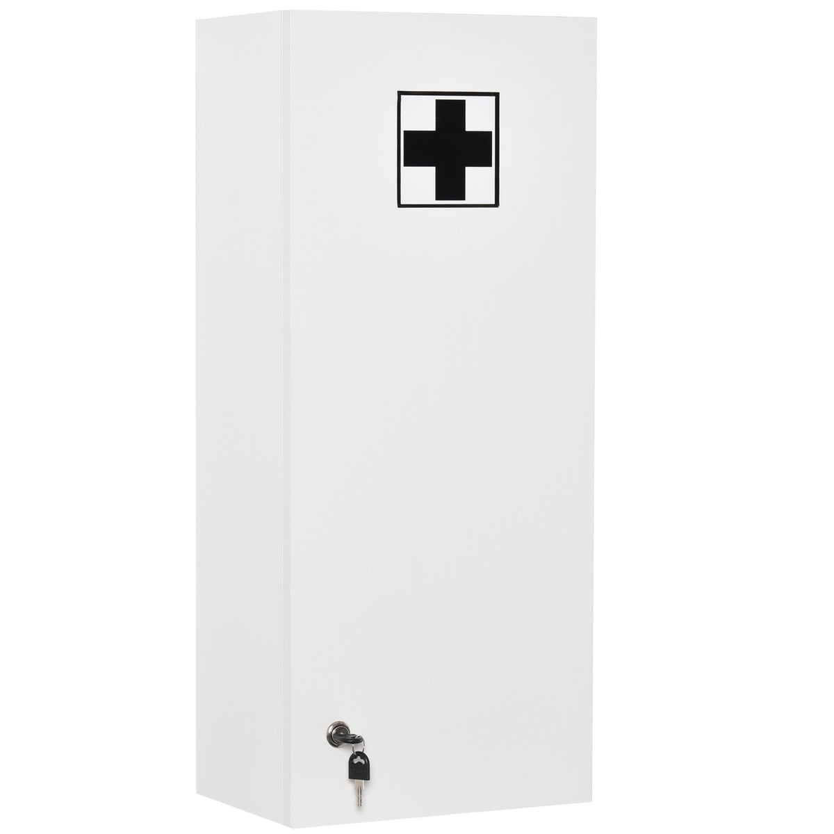 White wall-mounted lockable medicine cabinet with first aid cross and five-tier storage