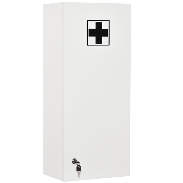 White wall-mounted lockable medicine cabinet with first aid cross and five-tier storage