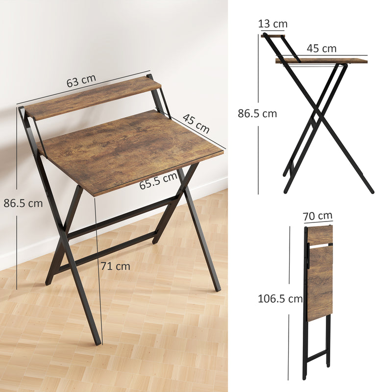 HOMCOM 70 cm Folding Computer Desk with Monitor Shelf - Rustic Brown – view 3