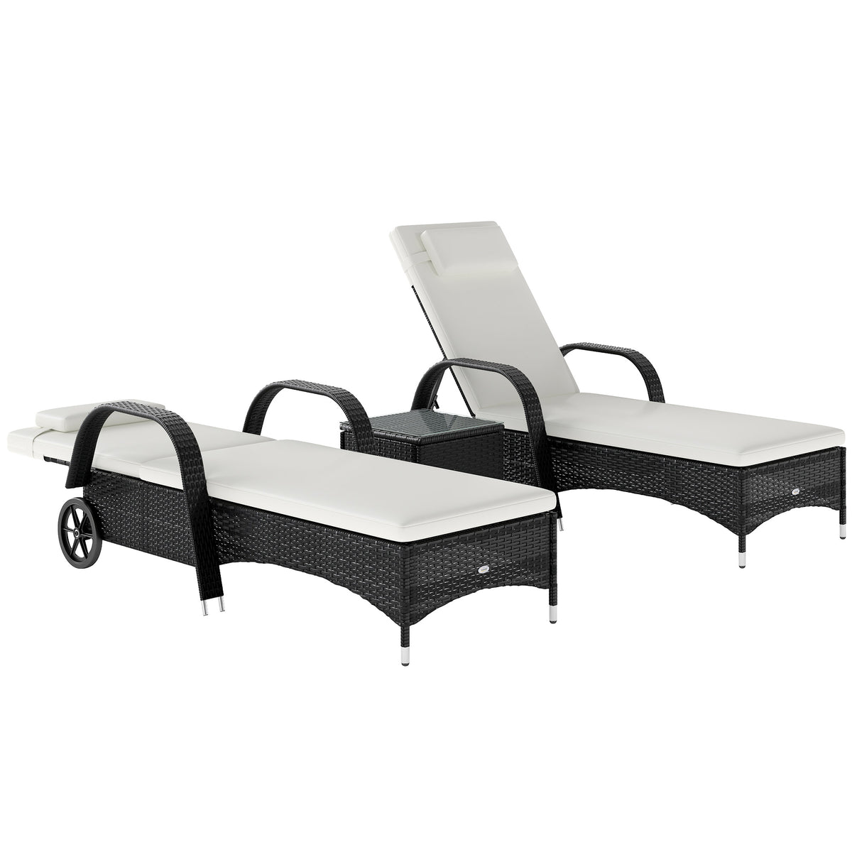 Pair of black rattan sun loungers with cream cushions and a glass-top side table