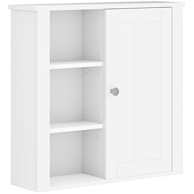 White wall-mounted bathroom cabinet with two-tier cupboard and three open side shelves