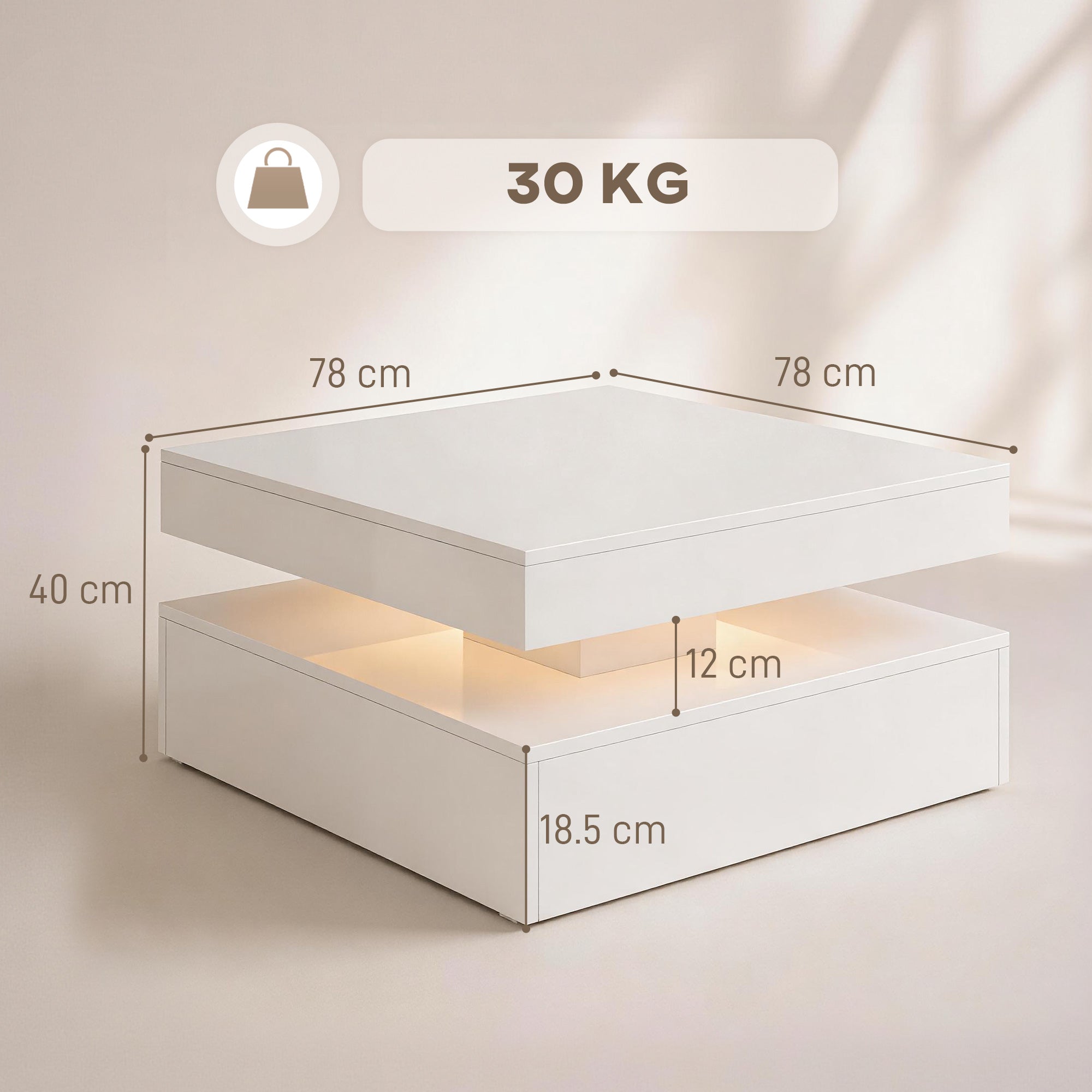 LED Coffee Table with Storage, 2-Tier Modern Centre Table with Open Shelf and Remote for Living Room, High Gloss White