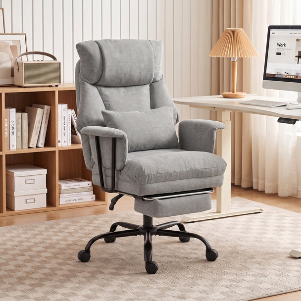HOMCOM Office Chair, 180kg Heavy Duty Linen Computer Desk Chair with Lumbar Support, Wide Seat, Spring Cushion, Grey – view 2