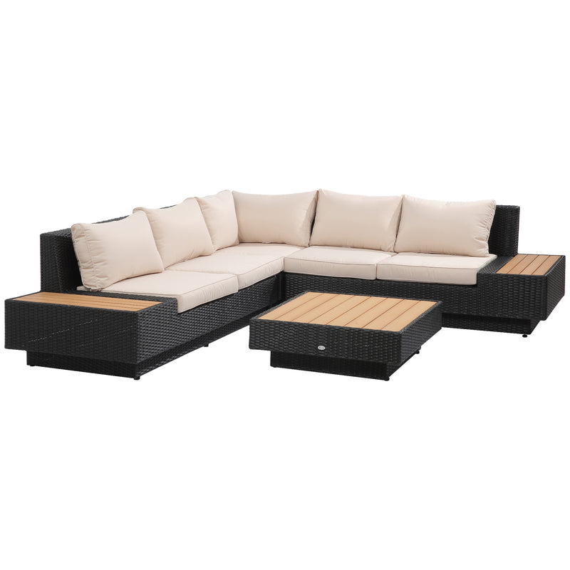 Black rattan corner sofa set with beige cushions, built-in end tables and square coffee table