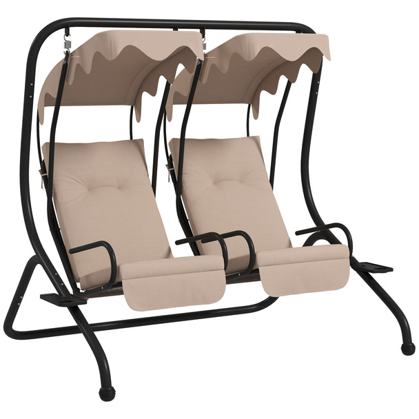 Beige 2-seat garden swing with independent rocking seats, canopies and cup holders