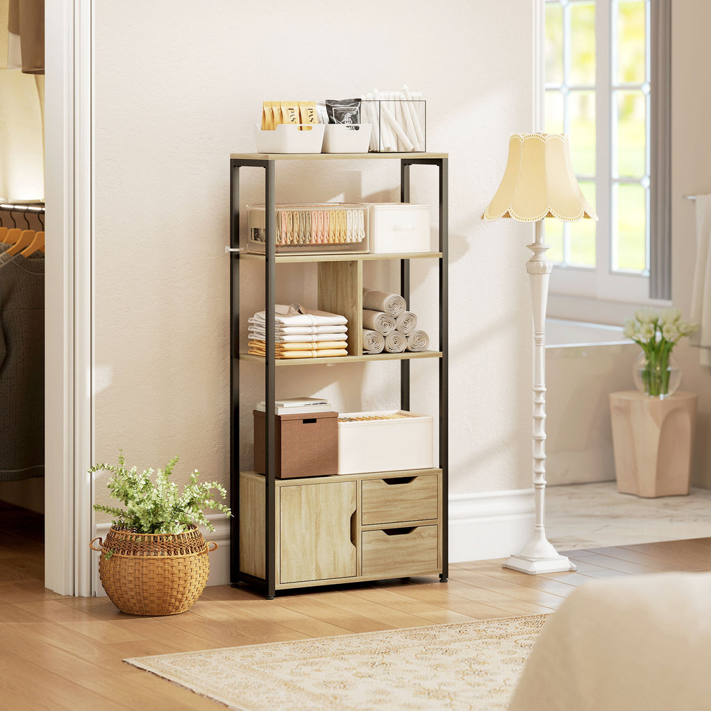 4-Tier Bookcase, Bookshelf with 1 Cabinet and 2 Drawers for Living Room, Bedroom, Study, Natural Wood