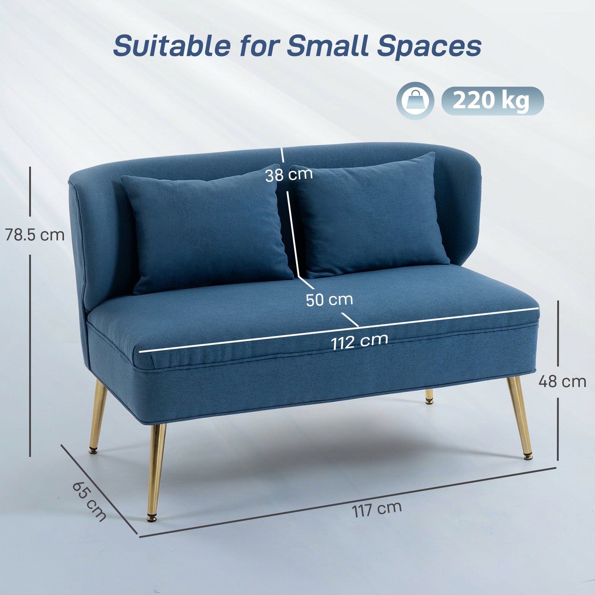2 Seater Sofa, Linen-look Fabric Small Sofa with Wing Back, Thick Seat, Metal Legs, Dark Blue
