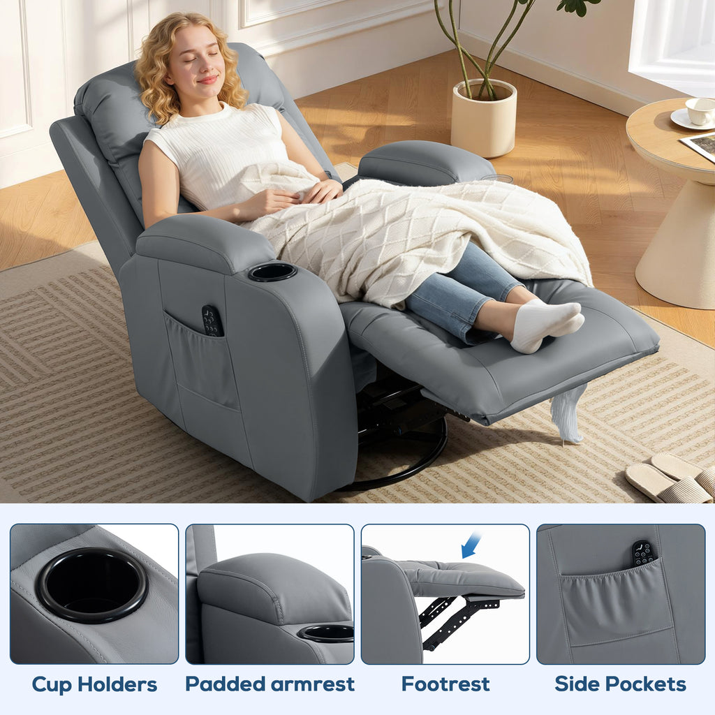 Massage Recliner Armchair, PU Leather Recliner Chair, Grey
