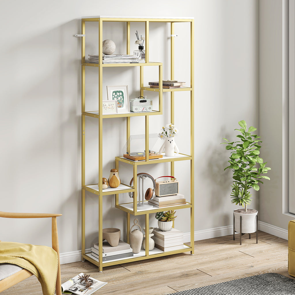 Seven-Tier Geometric Bookcase - White/Gold Tone