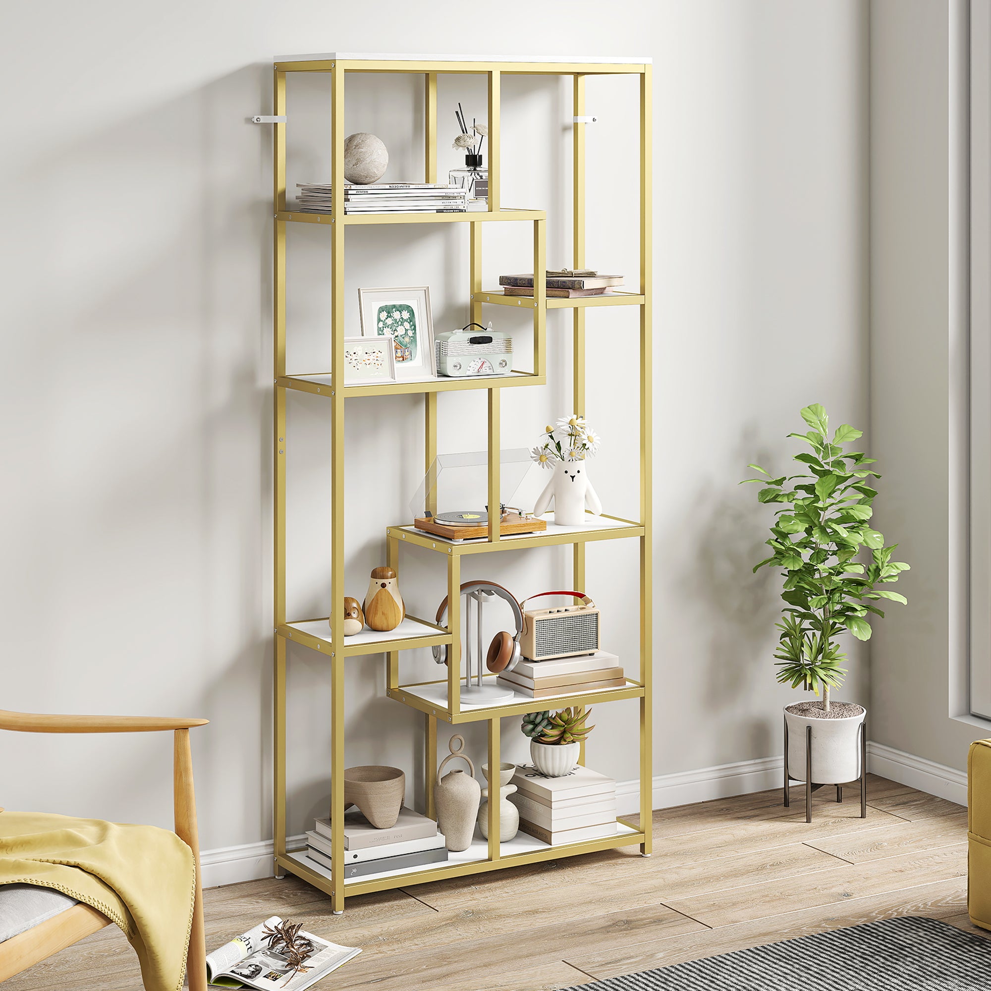 Seven-Tier Geometric Bookcase - White/Gold Tone