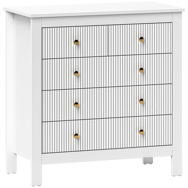 White chest of five drawers with ribbed fronts and gold handles