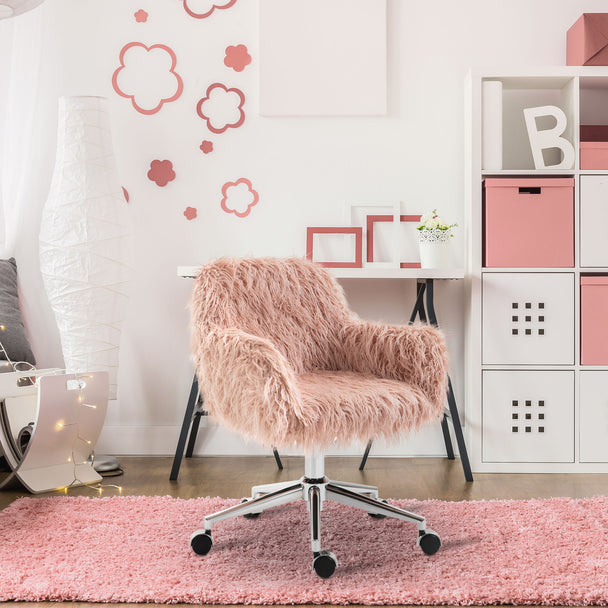 Vinsetto Faux Fur Desk Chair, Rolling Swivel Makeup Chair with Adjustable Height, Armrets for Home Office, Bedroom, Pink – view 2
