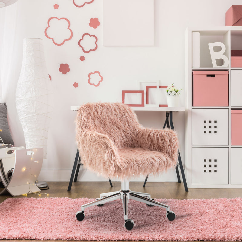 Vinsetto Faux Fur Desk Chair, Rolling Swivel Makeup Chair with Adjustable Height, Armrets for Home Office, Bedroom, Pink – view 2