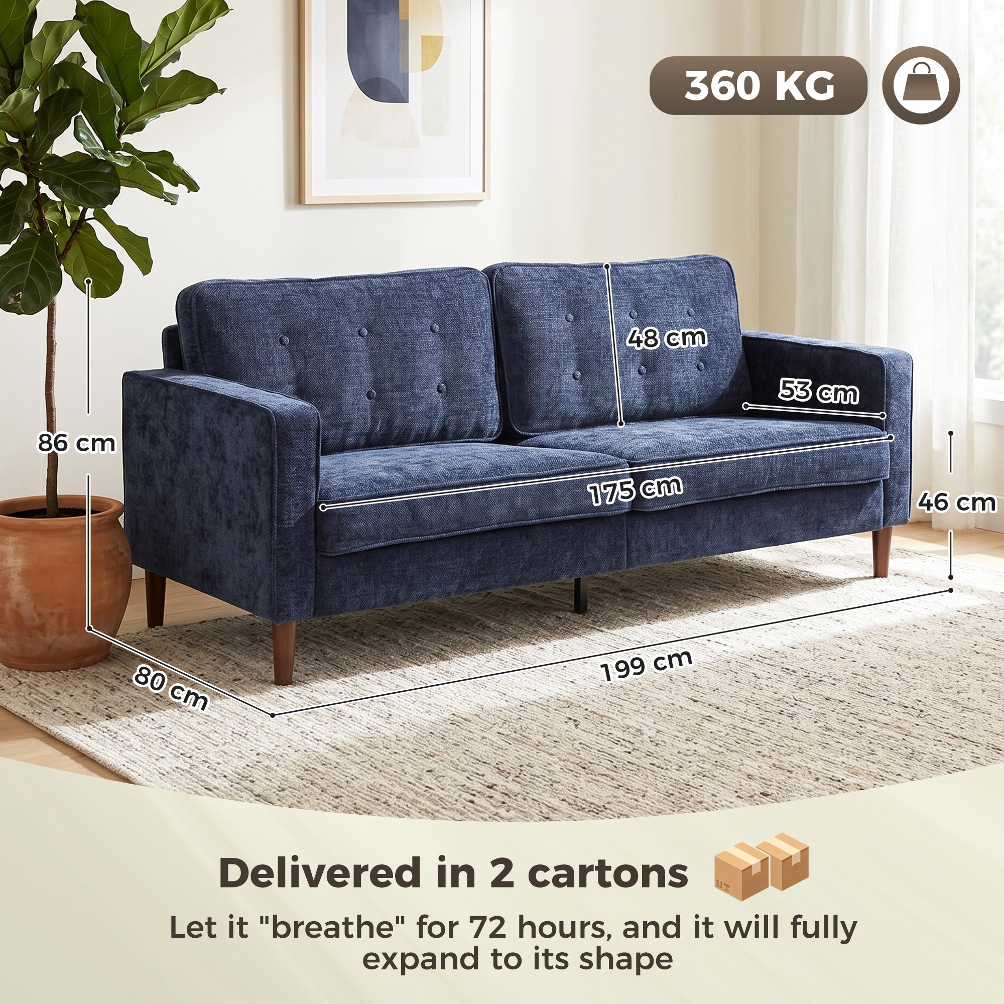 3 Seater Sofa Button Tufted Upholstered Couch with Wood Legs for Living Room, Dark Blue