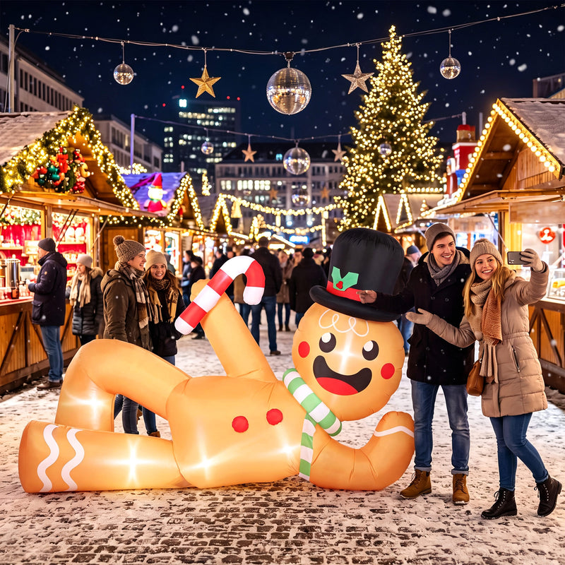 9.8ft Lying Gingerbread Man Christmas Inflatable in a festive outdoor setting