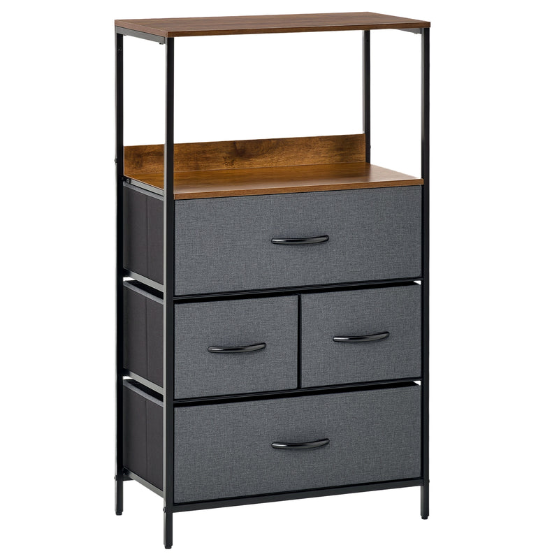 Black storage unit with two open shelves above four fabric drawers in a metal frame