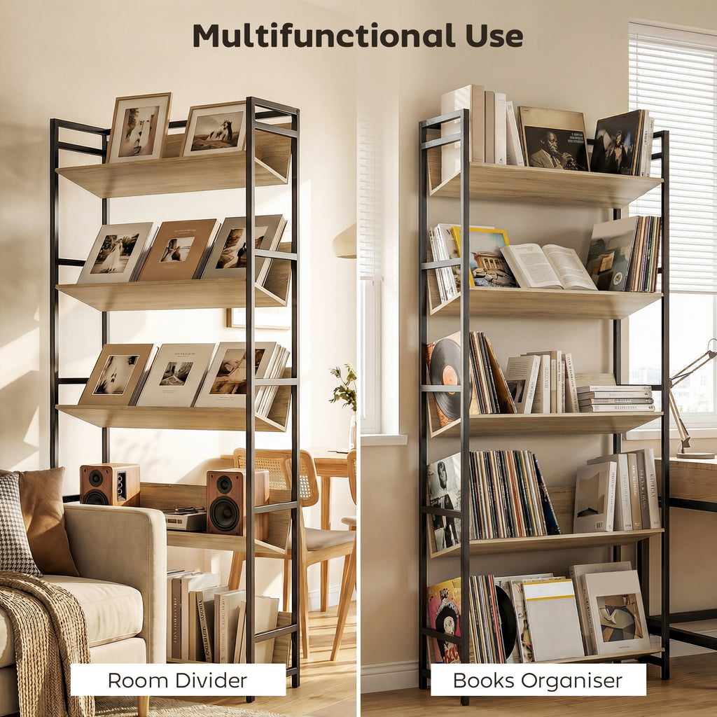 Bookshelf 5-Tier Metal Frame Bookcase Storage Shelves for Living Room Oak