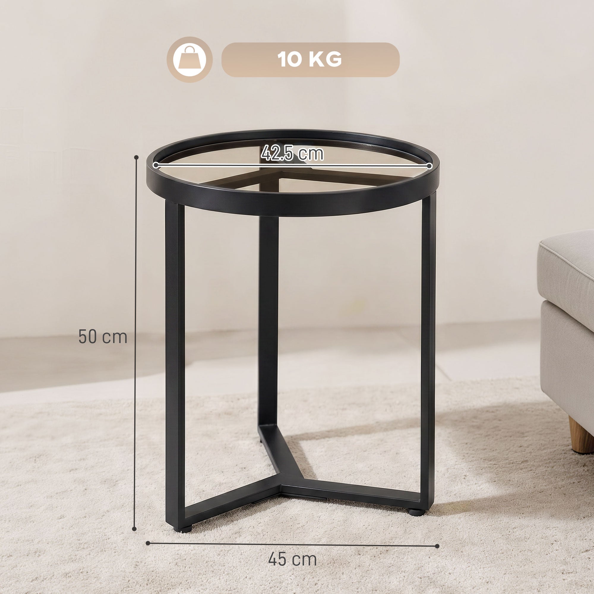 Round Side Table with Tempered Glass Top and Geometric Metal Frame for Small Space, Black