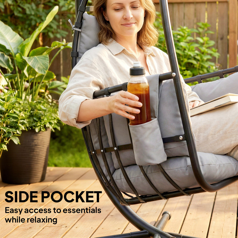 Outsunny Hanging Egg Chair, Indoor Outdoor Swinging Hammock Chair with Stand, Foldable Basket, Side Pocket, Dark Grey – view 9