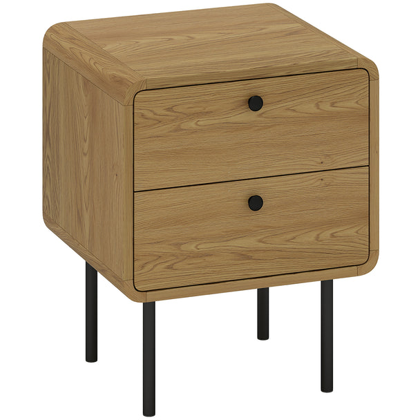 Oak-effect bedside table with two drawers, rounded corners and black steel legs